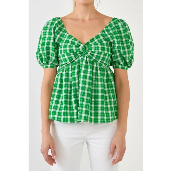 English Factory Gingham Twisted Puff Sleeve Top Tops Blue - Image 9
