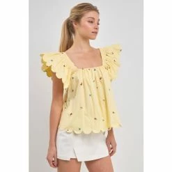 English Factory Scalloped Hem Ruffle Detail Top Tops Yellow