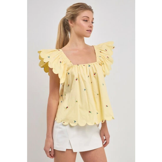 English Factory Scalloped Hem Ruffle Detail Top Tops Yellow 1 English Factory Scalloped Hem Ruffle Detail Top Tops Yellow