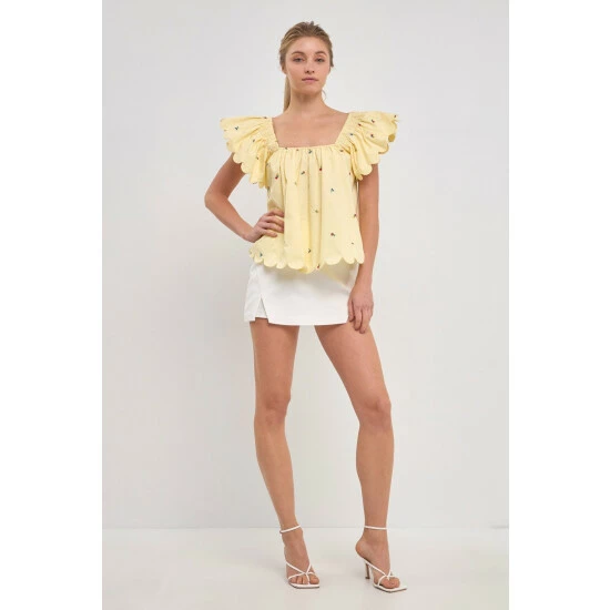 English Factory Scalloped Hem Ruffle Detail Top Tops Yellow 2 English Factory Scalloped Hem Ruffle Detail Top Tops Yellow - Image 2