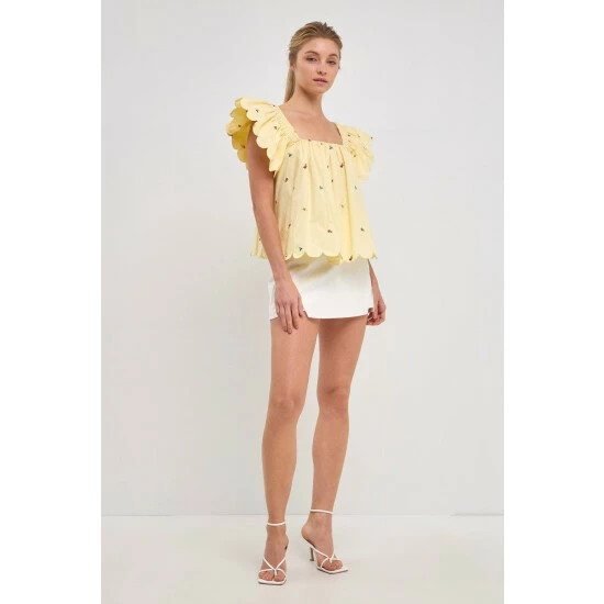 English Factory Scalloped Hem Ruffle Detail Top Tops Yellow 3 English Factory Scalloped Hem Ruffle Detail Top Tops Yellow - Image 3