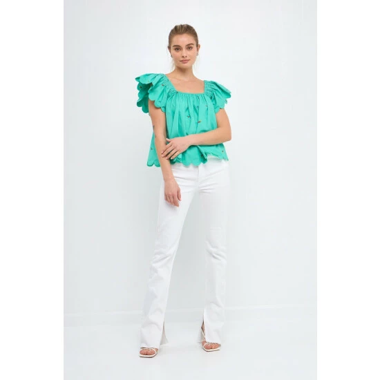 English Factory Scalloped Hem Ruffle Detail Top Tops Yellow 6 English Factory Scalloped Hem Ruffle Detail Top Tops Yellow - Image 6