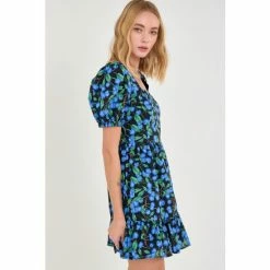 English Factory Blueberry Print Mini Dress With Puff Sleeves Dresses Black