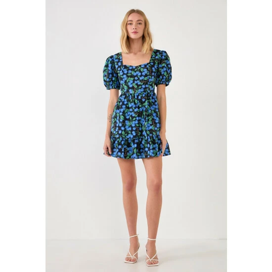 English Factory Blueberry Print Mini Dress With Puff Sleeves Dresses Black - Image 2
