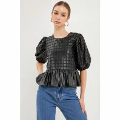 English Factory PU Embroidery Top Tops Black