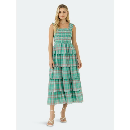 English Factory Plaid Smocked Midi Tiered Dress Dresses Green Multi