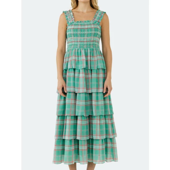 English Factory Plaid Smocked Midi Tiered Dress Dresses Green Multi - Image 3