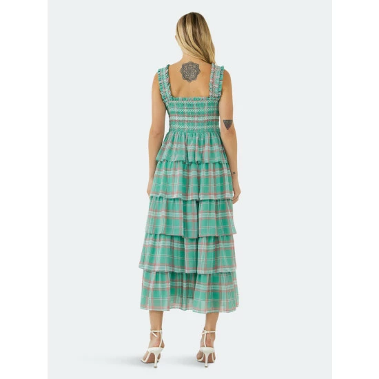 English Factory Plaid Smocked Midi Tiered Dress Dresses Green Multi - Image 4