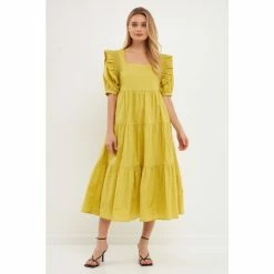 English Factory Square Neck Ruffle Smocked Detail Midi Dress - Lime Dresses