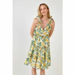 English Factory Lemon Print Tiered Mini Dress Dresses Yellow Multi