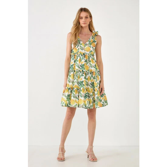 English Factory Lemon Print Tiered Mini Dress Dresses Yellow Multi 2 English Factory Lemon Print Tiered Mini Dress Dresses Yellow Multi - Image 2