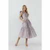 English Factory Plaid Midi Dress With Ruffle Neckline Dresses Purple