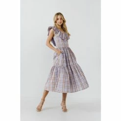 English Factory Plaid Midi Dress With Ruffle Neckline Dresses Purple