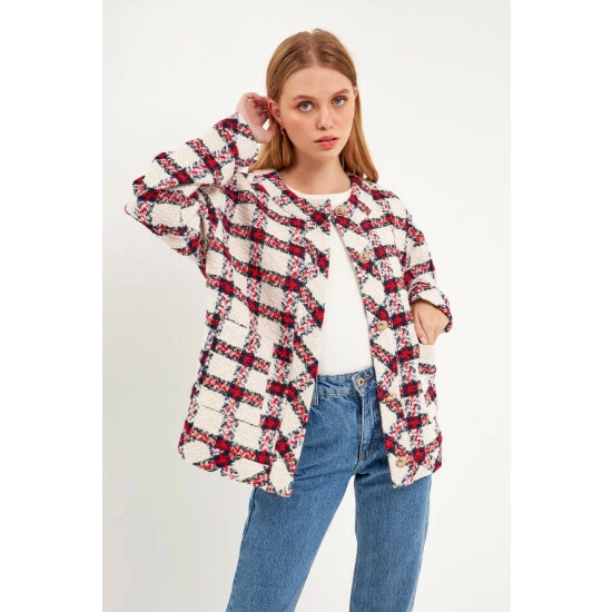 English Factory Check Boucle Tweed Jacket Coats, Jackets & Blazers Navy - Image 4