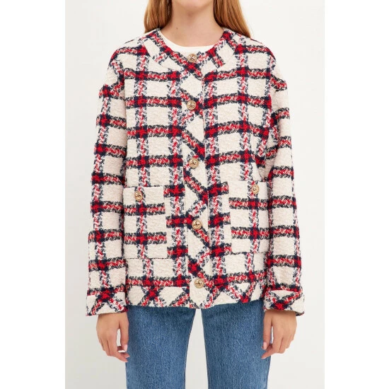 English Factory Check Boucle Tweed Jacket Coats, Jackets & Blazers Navy - Image 5