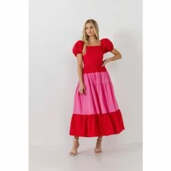 English Factory Color Block Puff Sleeve Maxi Dress Dresses Red