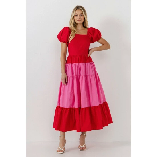 English Factory Color Block Puff Sleeve Maxi Dress Dresses Red - Image 2