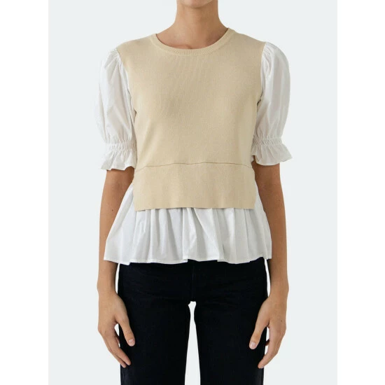 English Factory Sweater Poplin Mixed Top - Beige/White Sweatshirts & Sweaters - Image 4