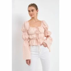 English Factory Tie Detailed Shirring Top With Long Sleeves Tops Blush