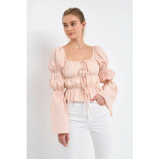 English Factory Tie Detailed Shirring Top With Long Sleeves Tops Blush