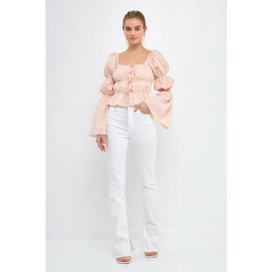 English Factory Tie Detailed Shirring Top With Long Sleeves Tops Blush - Image 2