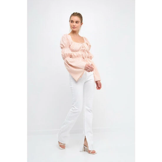 English Factory Tie Detailed Shirring Top With Long Sleeves Tops Blush - Image 3