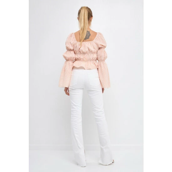 English Factory Tie Detailed Shirring Top With Long Sleeves Tops Blush - Image 4