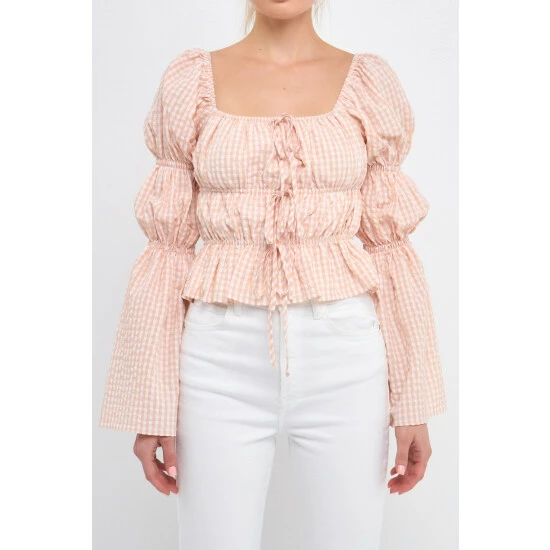 English Factory Tie Detailed Shirring Top With Long Sleeves Tops Blush - Image 5