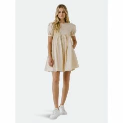 English Factory Puff Sleeve Babydoll Dress Dresses Beige