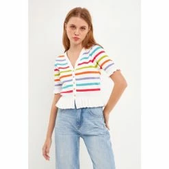 English Factory Striped Cardigan With Short Puff Sleeves Sweatshirts & Sweaters White Multi