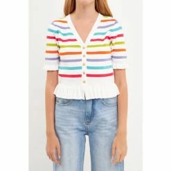 English Factory Striped Cardigan With Short Puff Sleeves Sweatshirts & Sweaters White Multi -English Factory Shop unnamed file 1206