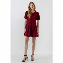 English Factory Knit Woven Mixed Dress Dresses Burgundy