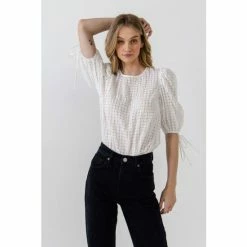 English Factory Checked Sheer Puff Sleeve Blouse Tops White