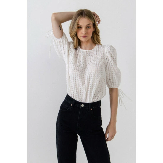English Factory Checked Sheer Puff Sleeve Blouse Tops White