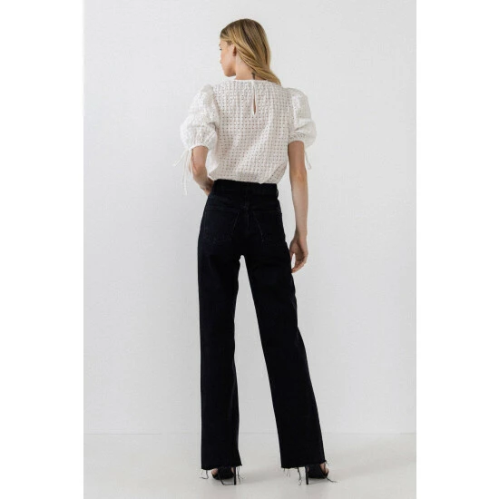 English Factory Checked Sheer Puff Sleeve Blouse Tops White - Image 3