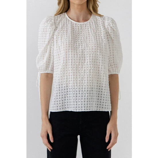 English Factory Checked Sheer Puff Sleeve Blouse Tops White - Image 5