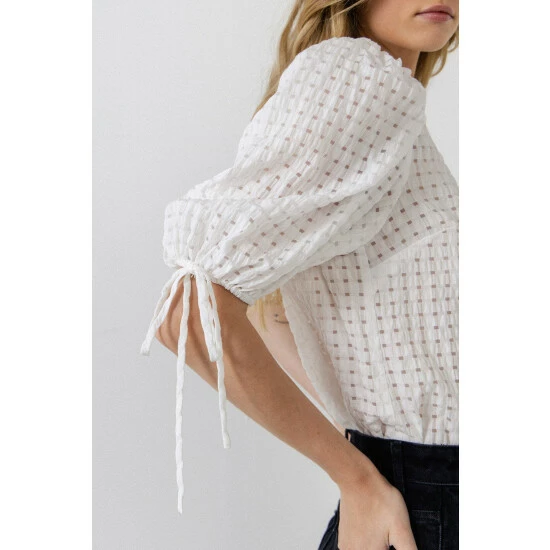 English Factory Checked Sheer Puff Sleeve Blouse Tops White - Image 6