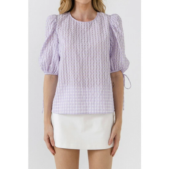 English Factory Checked Sheer Puff Sleeve Blouse Tops White - Image 10