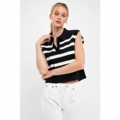 English Factory Striped Knit Top With Collar Tops Black/white