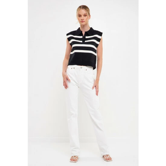 English Factory Striped Knit Top With Collar Tops Black/white - Image 2