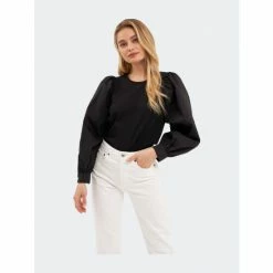 English Factory Mixed Media Puff Long Sleeve Top Tops Black