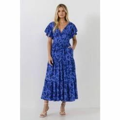 English Factory Ruffled Back Elastic Detail Midi Dress Dresses Blue/multi