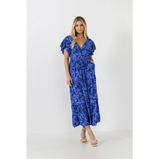 English Factory Ruffled Back Elastic Detail Midi Dress Dresses Blue/multi - Image 4