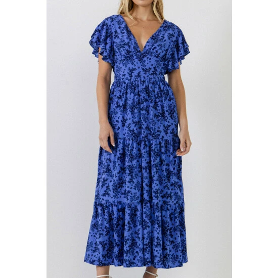 English Factory Ruffled Back Elastic Detail Midi Dress Dresses Blue/multi - Image 5
