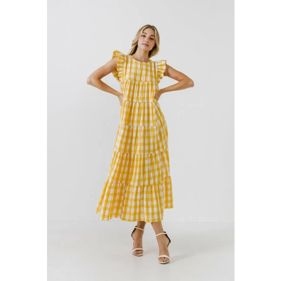 English Factory Textured Gingham Midi Tiered Baby Doll Dress Dresses Pink