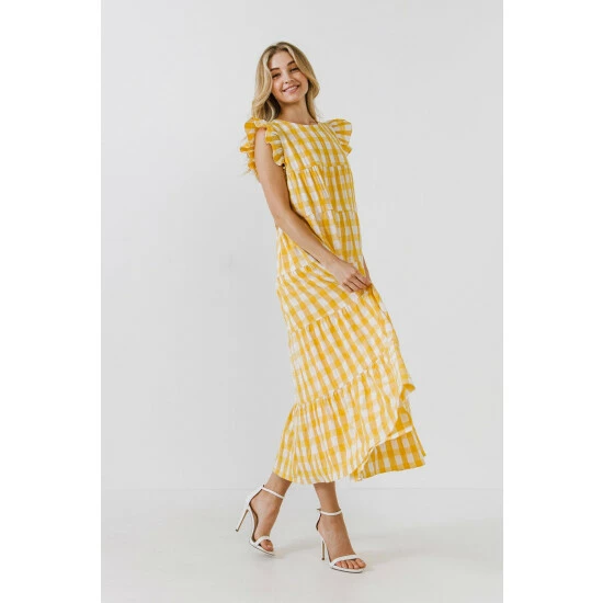 English Factory Textured Gingham Midi Tiered Baby Doll Dress Dresses Pink - Image 2