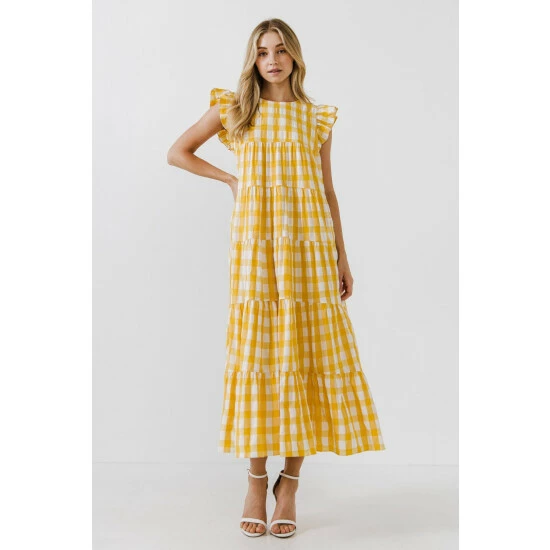 English Factory Textured Gingham Midi Tiered Baby Doll Dress Dresses Pink - Image 3