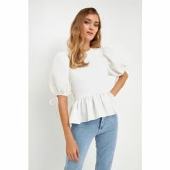 English Factory Satin Contrast Tweed Top Tops White