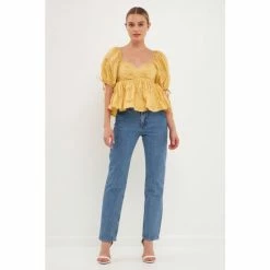 English Factory Textured Babydoll Top Tops Mustard