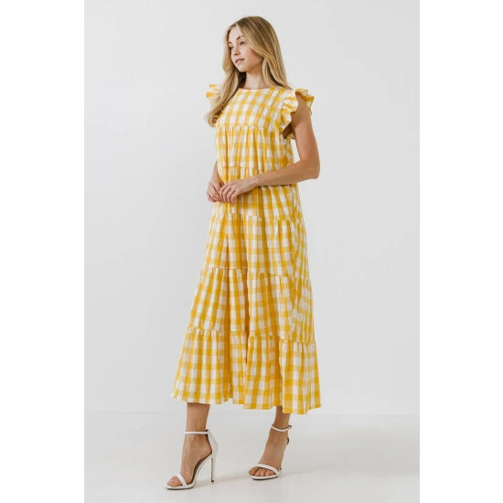 English Factory Textured Gingham Midi Tiered Baby Doll Dress Dresses Pink - Image 4